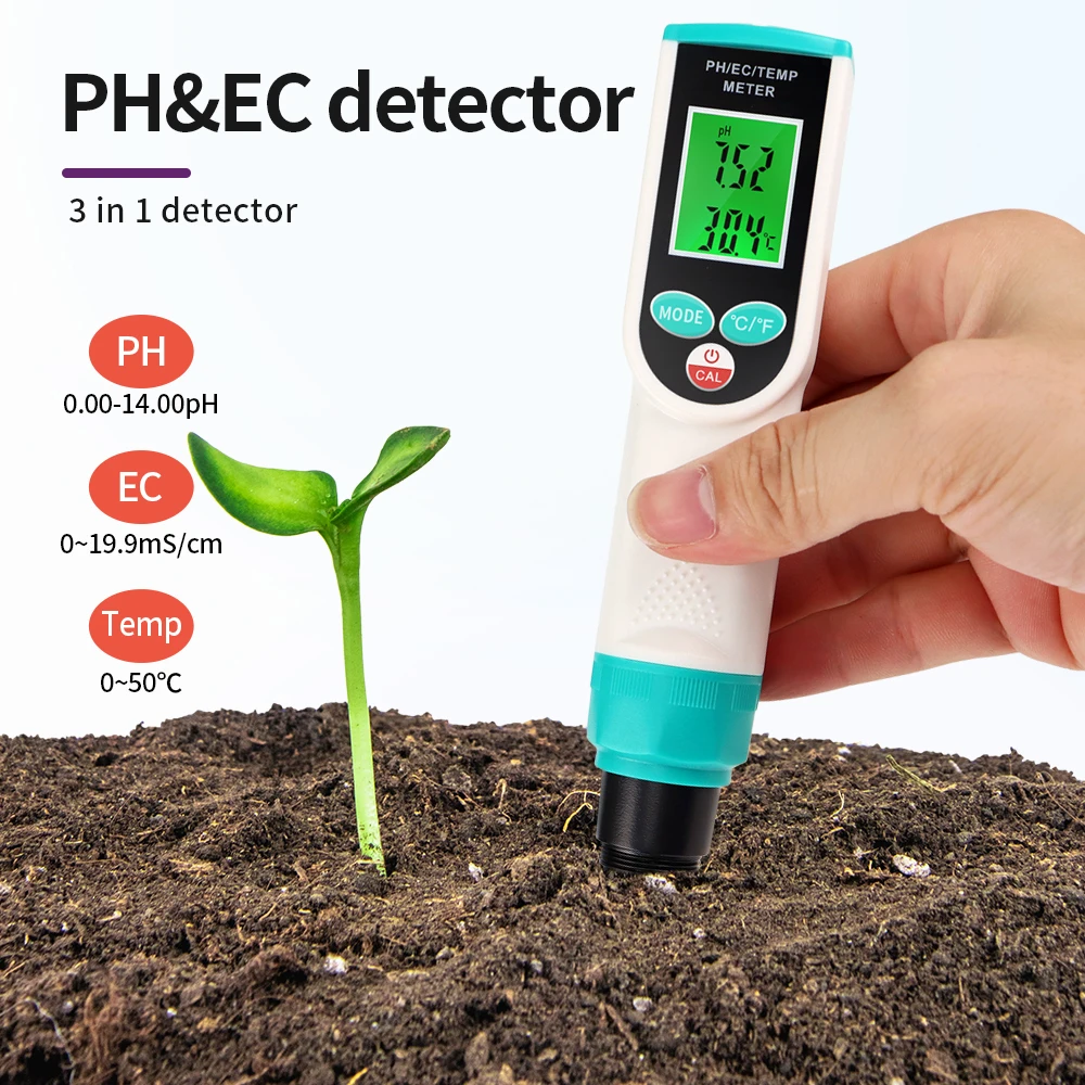 

New PH TEMP EC Soil Food Acidity Meter Tester 0.00~14.00 PH Digital Garden Measuring Tools for Potted Plants Flowers Food Flour