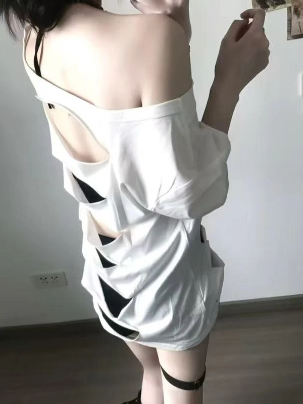 Asymmetric Off Shoulder Short Sleeve Top Distressed Cut Out Back Hollow Design Figure Letter Graphic Print Loose Oversized Tee