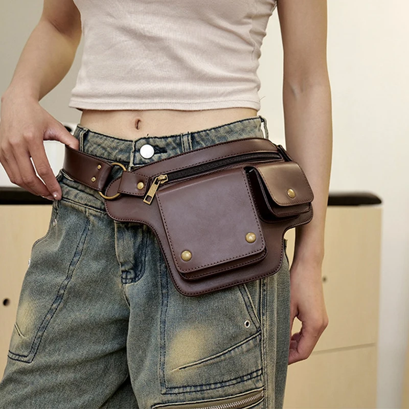 

Cool Punk Motorcycle Style Waist Bag Outdoor Sports Adjustable Belt Bag, Fashion Retro PU Leather Fanny Pack Medieval Gothic Bag