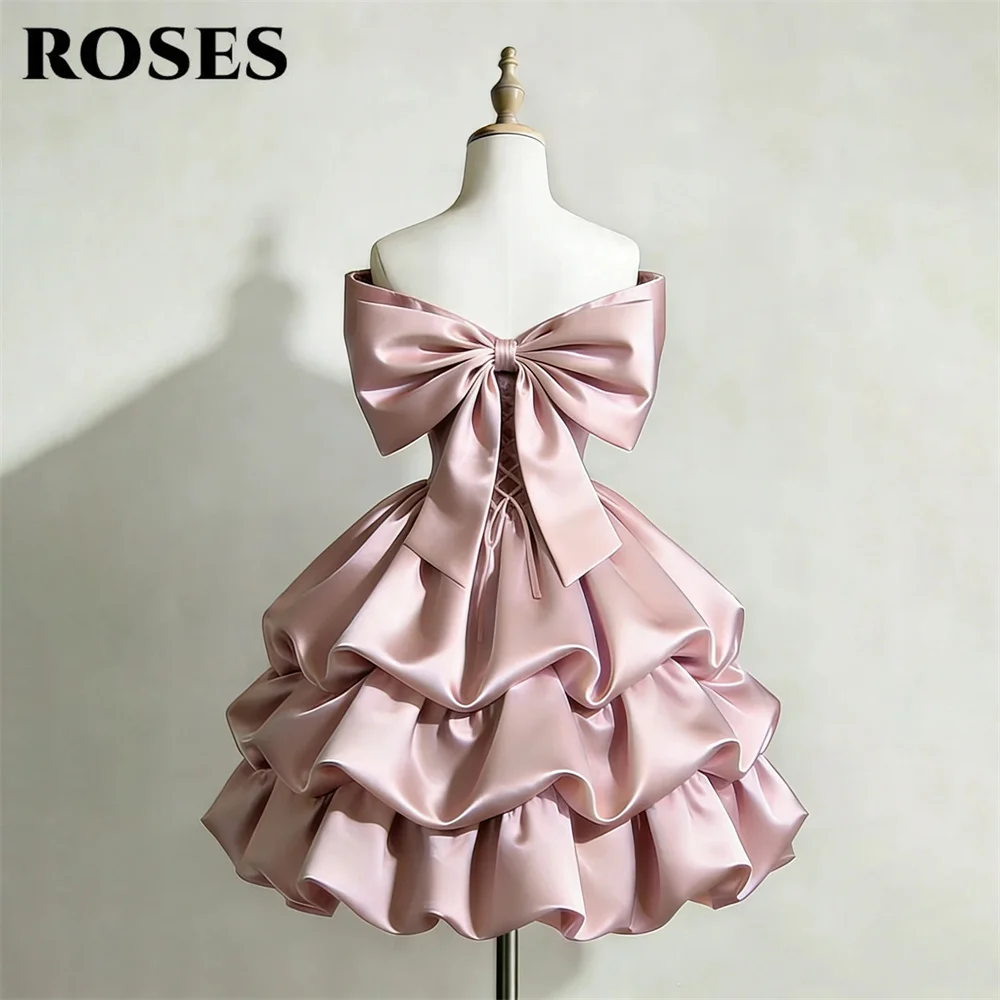 

ROSES Pink Evening Dress Off the Shoulder Prom Dresses with Big Bow Satin Celebrity Dress Ruffled Mini 프롬 드레스 Customized
