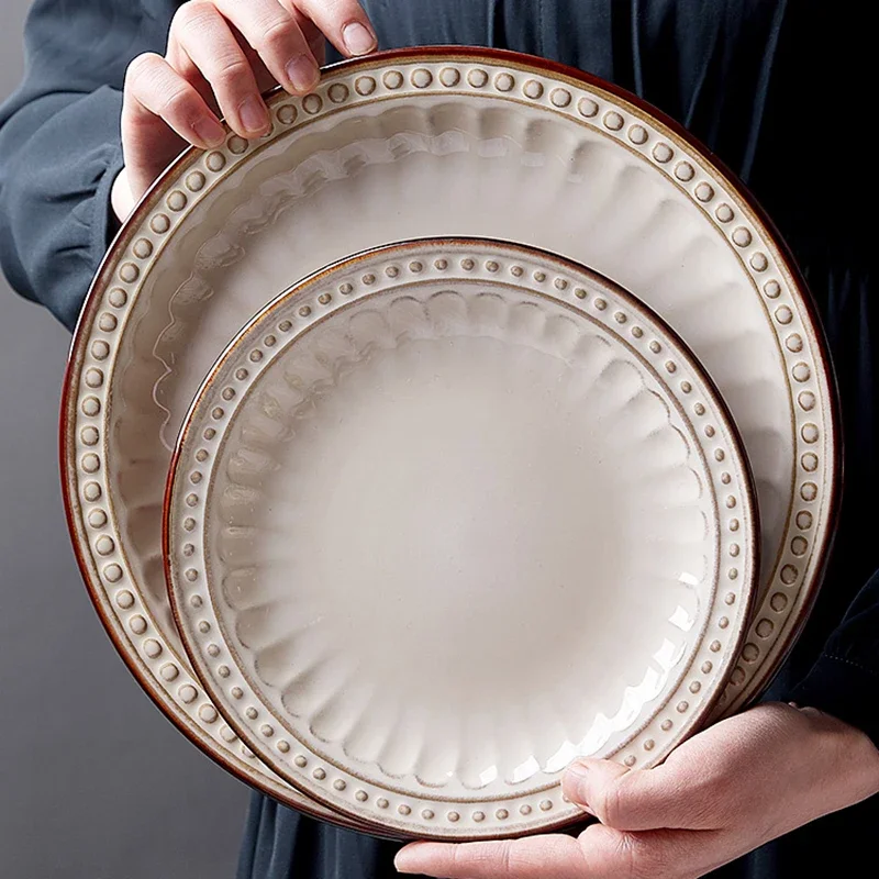 

European Round Plate Set Aesthetic Wedding Ceramic Salad Pasta Dessert Plate Japanese Pratos De Jantar Serving Tray Kitchen