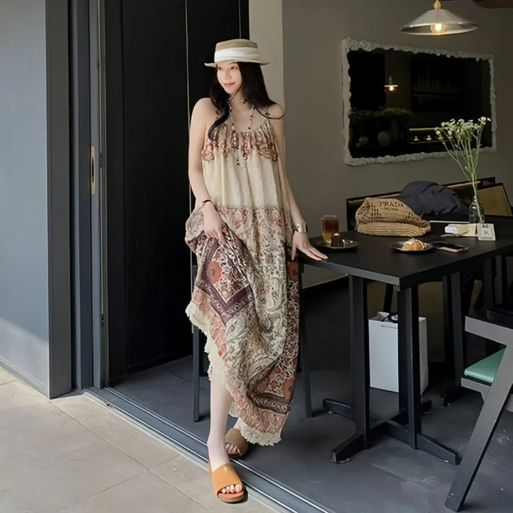 Boêmio férias maxi vestido u pescoço smocked plissado sem mangas vestido vintage impressão praia cobrir elegante Pneuma verão wear