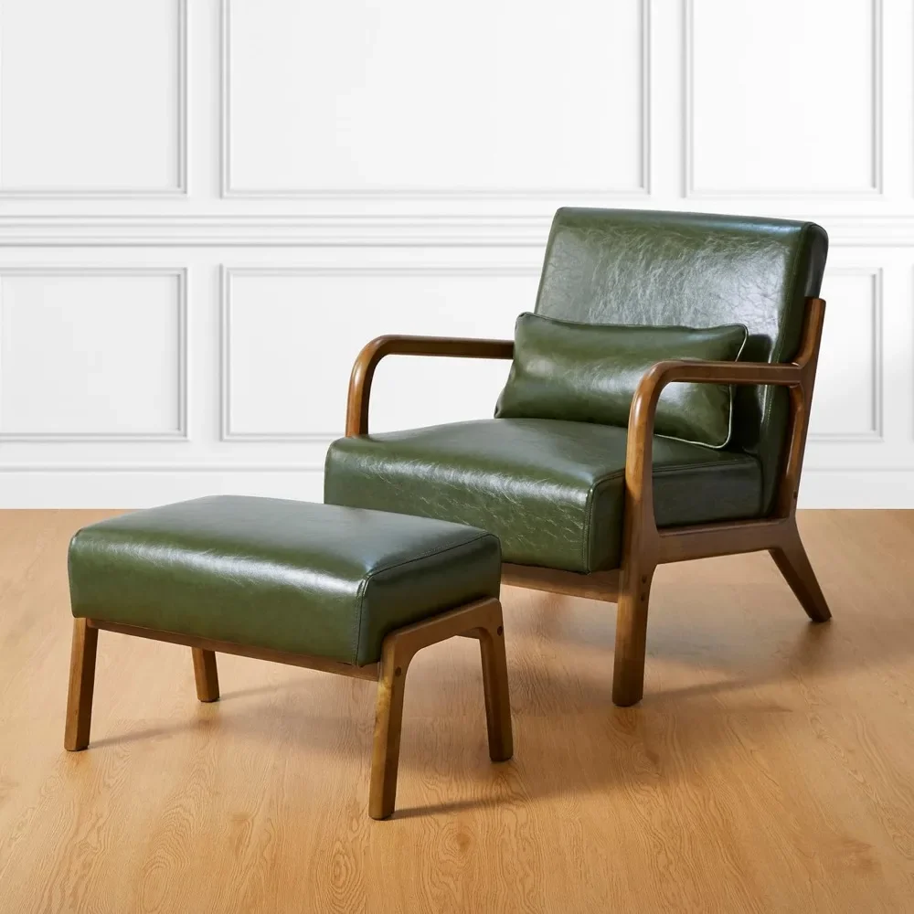 Modern Accent Chair and Ottoman Set with PU Leather Upholstery, Adjustable Backrest & Solid Wood Legs
