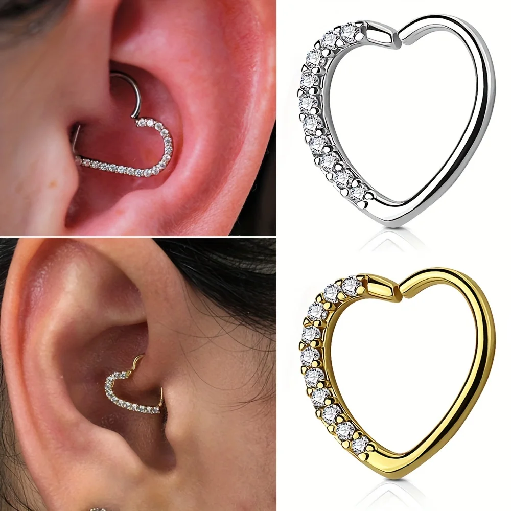 1PC Copper Heart With CZ Gems Cartilage Tragus Daith Piercing Earring