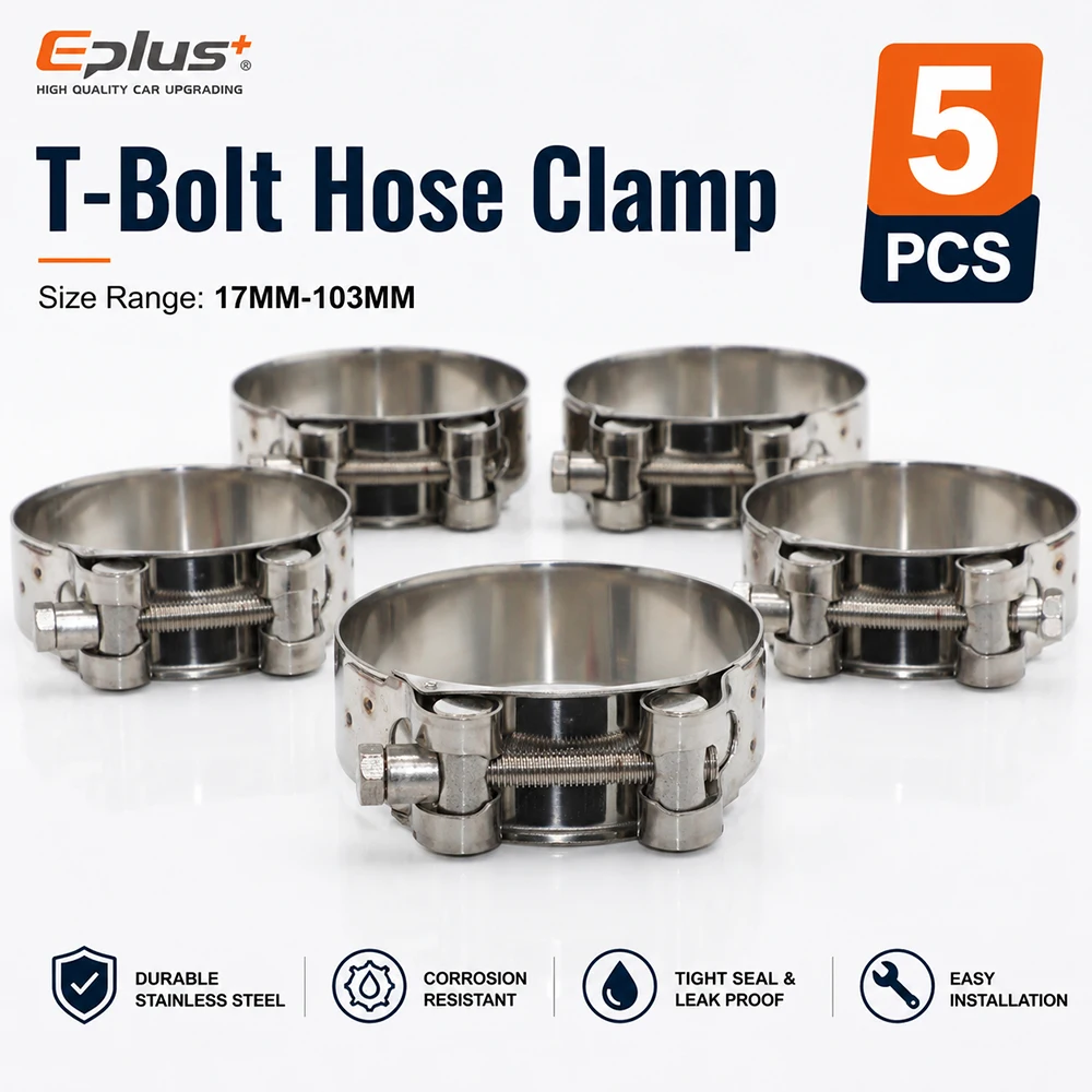 5PCS Stainless Steel European Heavy Duty Hose Clamp Universal T-Bolt Clamp 17-103mm Adjustable for Car Moto & Industrial Pipes