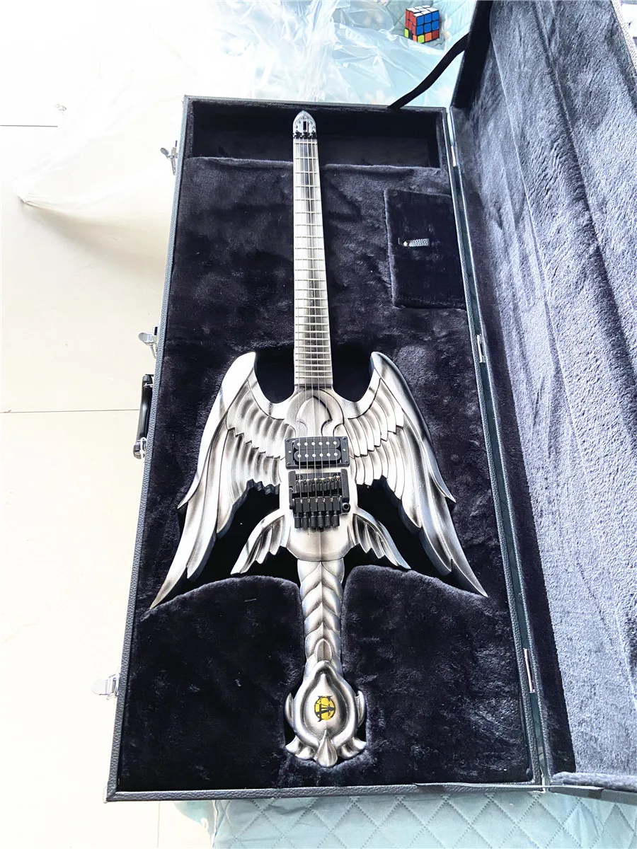 Hand carved sword Wing electric guitar Black accessories silver paint free shipping