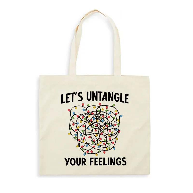 Let's Untangle Your Feelings Slogan Canvas Tote Bag Colorful String Light Print Eco‑Friendly Reusable Shoulder Shopping Handbag