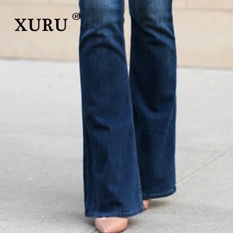 XURU-Mid Rise Regular Jeans for Women, Street Trendy Micro Flared Pants, Long Jeans, European and American, K7-8032, New