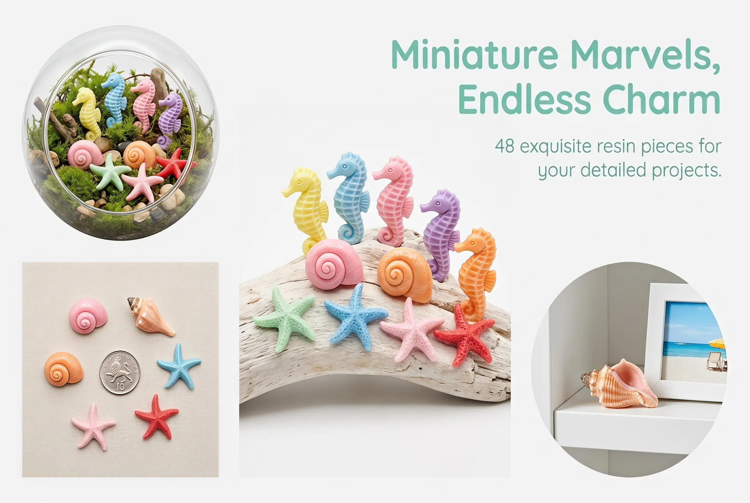 48Pcs Resin Ocean Decor Set Seahorse Star Conch Miniatures Realistic Ornament for DIY Craft Beach Wedding Photo Prop