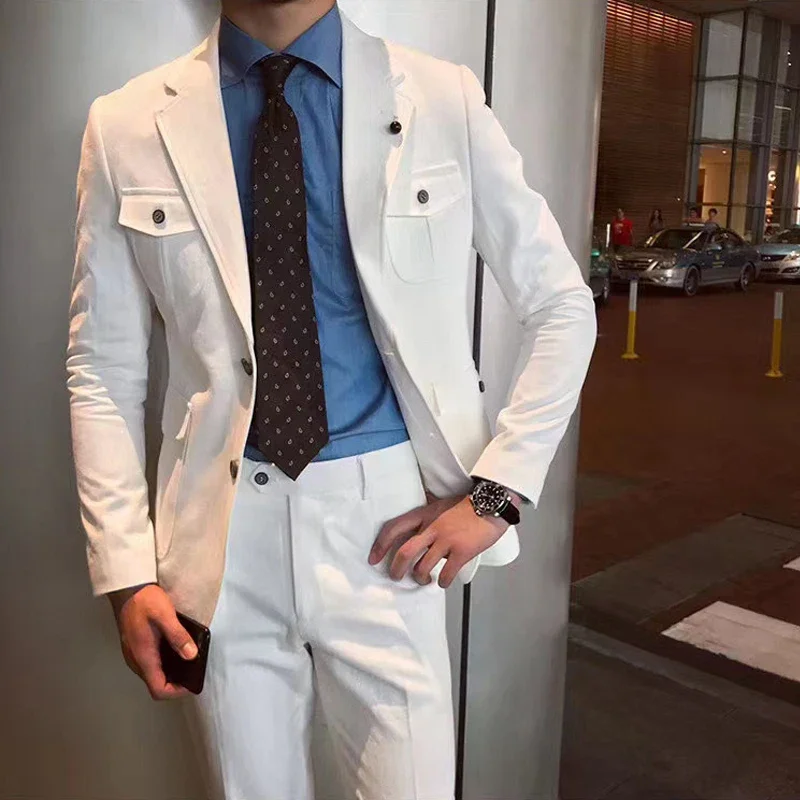 Costumes décontractés blancs pour hommes, smoking de mariage 2 pièces GroomTIME, revers cranté, costume de mode personnalisé, veste avec pantalon