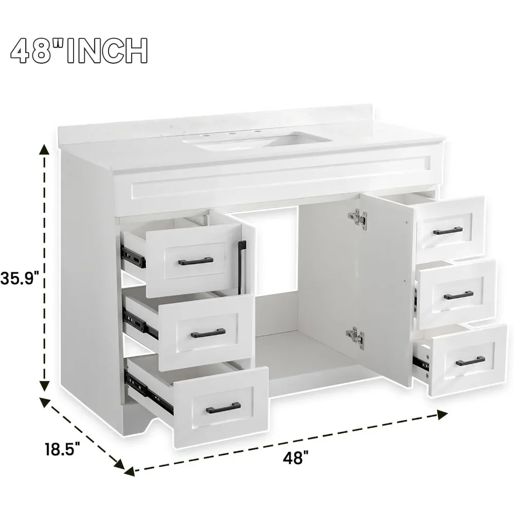 48” Bathroom Vanity with White Engineered Marble Stone Rectangular Sink, Modern Bathroom Cabinet with 2 Soft Closing Doors and