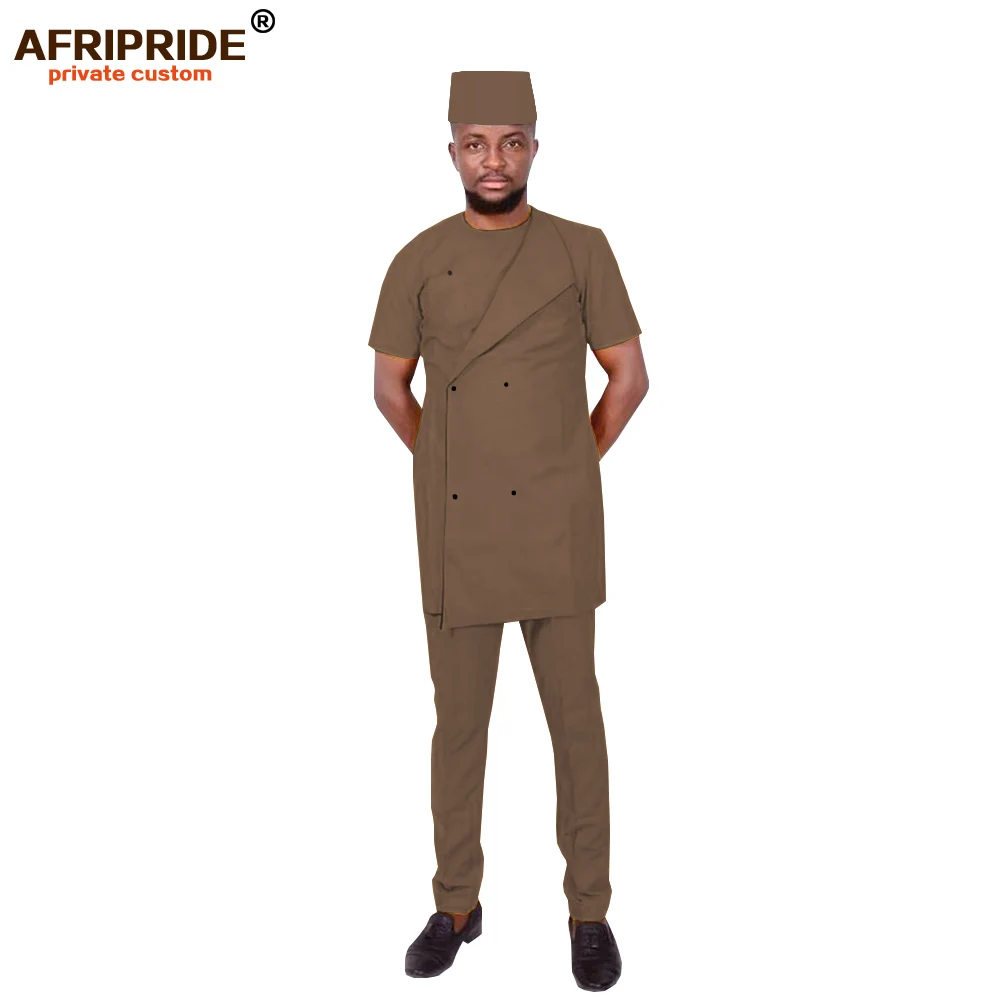 2022 African Men Clothing Traditional Set Dashiki Outfit Short Sleeve Coat Pants Tribal Hat Tracksuit Wax AFRIPRIDE A1916023