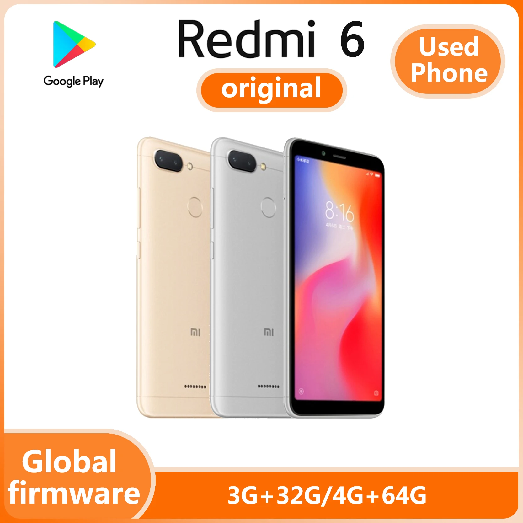 Used Xiaomi Redmi 6 Smartphone googleplay Mobile Phone 5.45