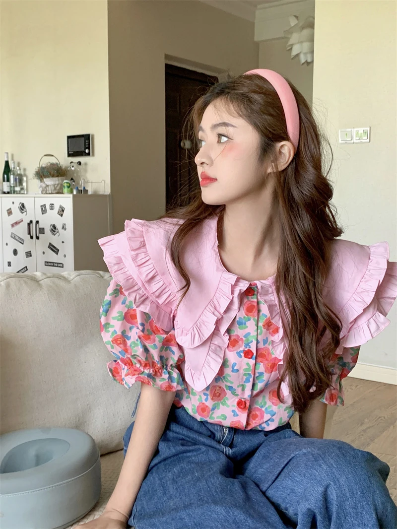 

GIDYQ Vintage Sweet Peter Pan Collar Floral Shirts Women Korean Print Puff Short Sleeve Blouses Japanese Kawaii Chic Tops New