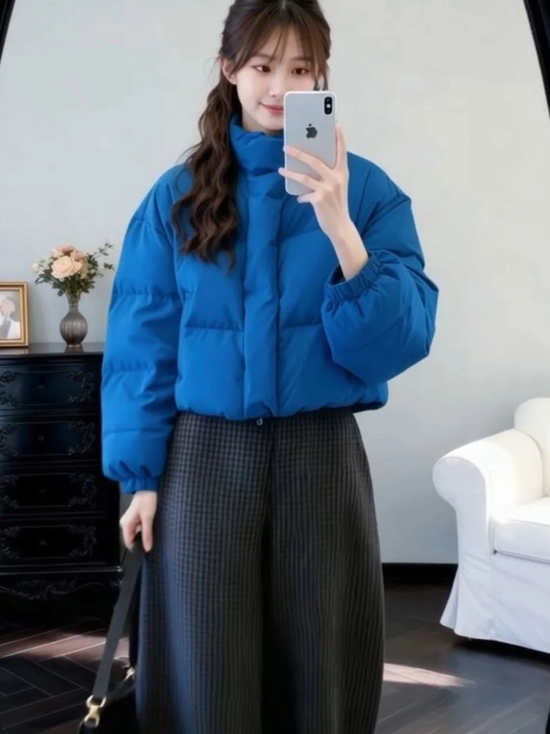 

Синяя модная теплая хлопковая куртка с воротником-стойкой для женщин, новая зимняя модель в корейском стиле, утолщенная, антивозрастная, трендовая верхняя одежда
