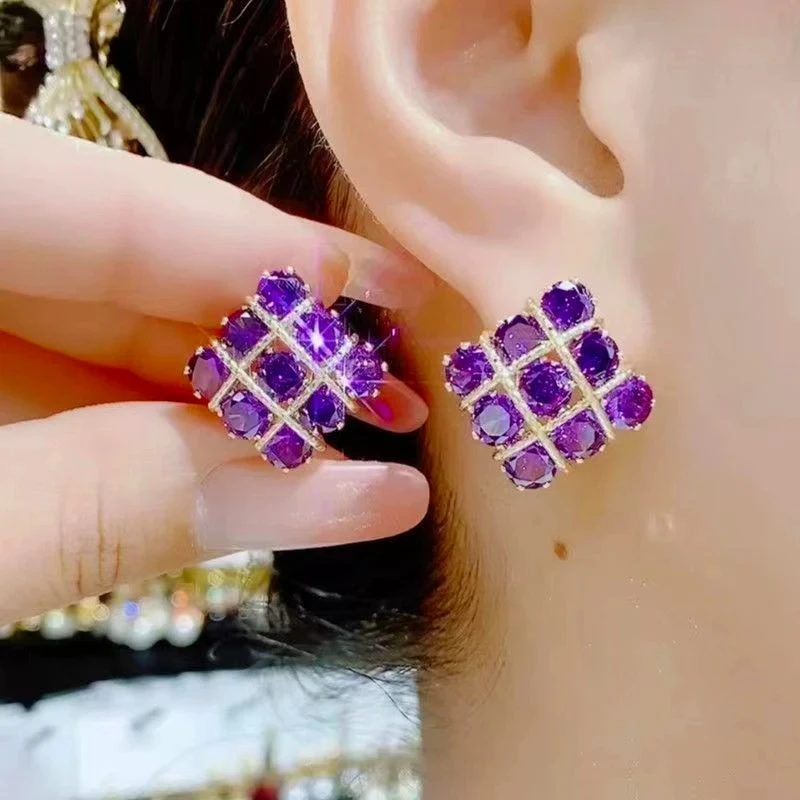 New Elegant Exquisite Purple Zircon Square Stud Earrings for Women Fashion Personality Ladies Wedding Party Premium Gift Jewelry