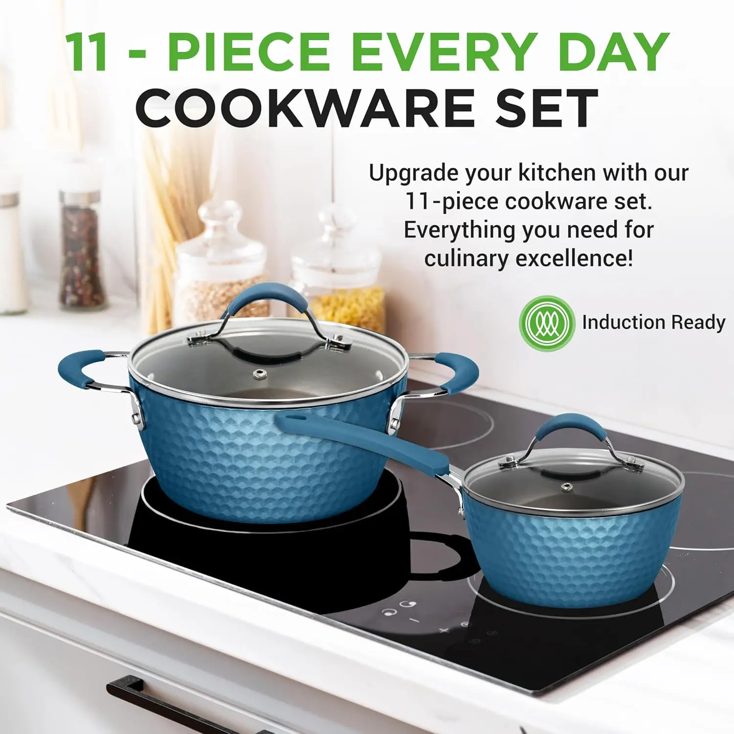 11 Pc Pots and Pans Set Non Stick Cookware with Ceramic Coating Ergonomic Handles Induction Ready Includes Saucepan