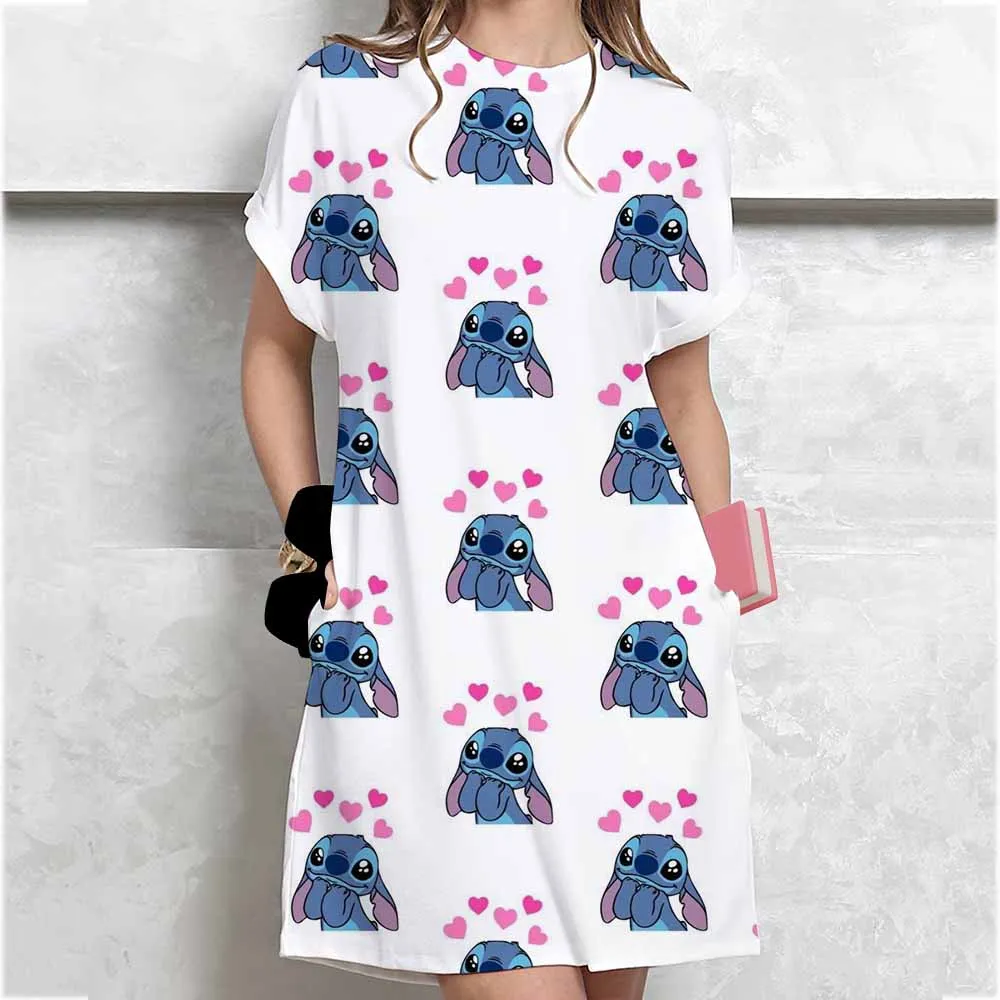 Abito alla moda in colori puri da donna con stampa Disney Stitch T-shirt stile mini abiti estivi abiti casual larghi