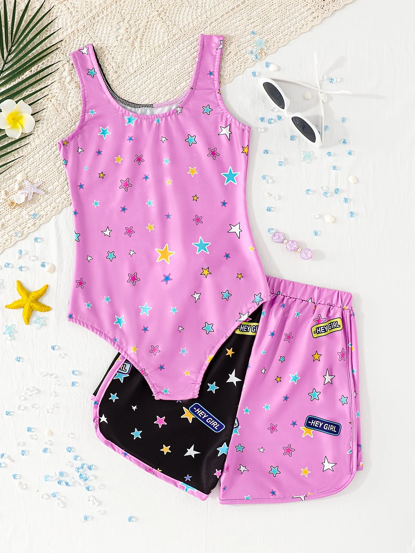 Girls' Summer Casual Swimwear, Kidsren's Cartoon Anime Print Set, Girls' Vest One-Piece Swimsuit + Shorts Two-Piece Set, Suitable for Girls Aged 4-12, Home Swimming Pool, Seaside Beach Swimwear
