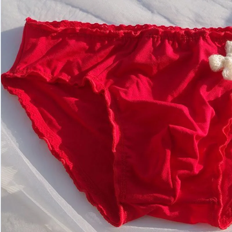 

Men Underwear Cross-dressing Modal Cotton Ruffled Bow Briefs Low Waist Bulge Panties BF Gifts