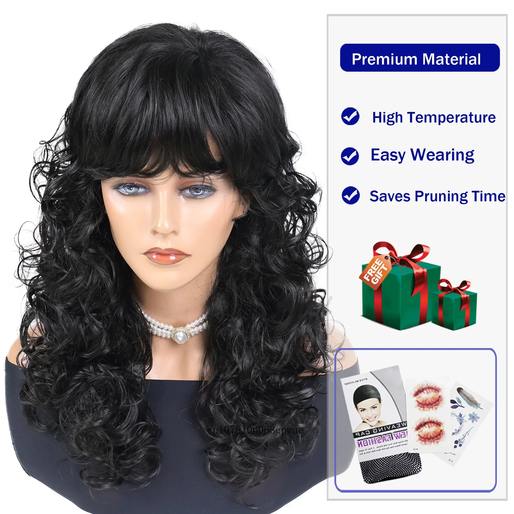 Fluffy Hairstyles Synthetic Hair Black Long Curly Wavy Wig with Bangs for Women Bouncy Fiber Daily Party Costume Heat Resistant