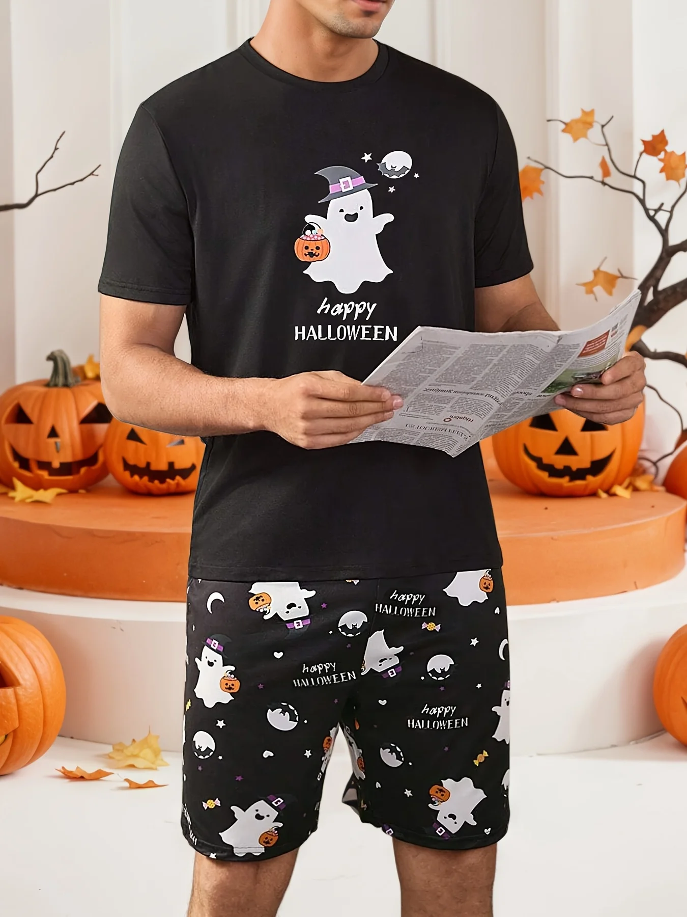 

【 Halloween 】 Halloween print pattern Men's Halloween print short sleeves and shorts Home wear set