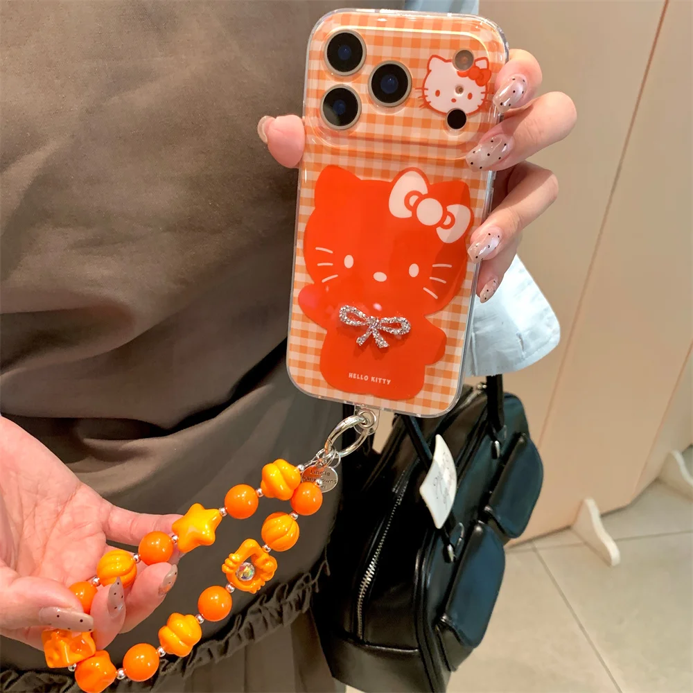 

Korean INS flash diamond bow fashion plaid Hellokitty phone case for iPhone 14 17 Pro 16 Pro Max 15 with chain protective cover