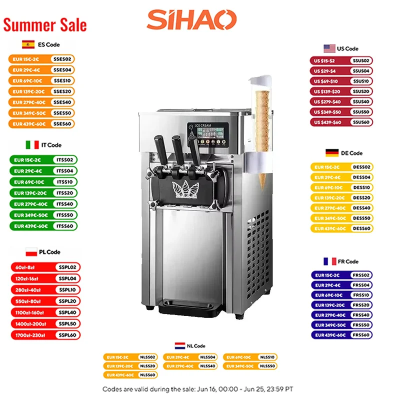 Sihao-Eismaschine, 1200 W, A168, Panasonic-Kompressor, Eismaschine, 3 Geschmacksrichtungen, Eismaschine, 4 Düsen, LCD-Panel