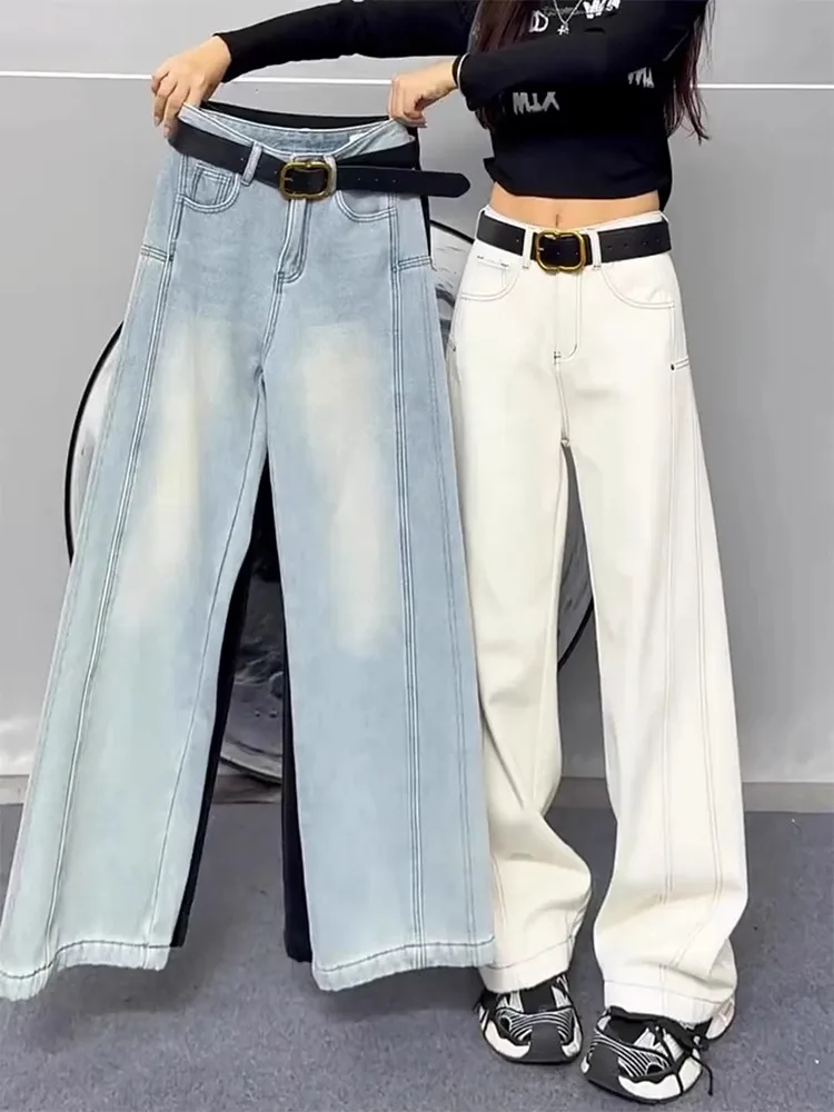 

Джинсовые джинсы на подкладке Fce, женские прямые брюки с высокой талией, большие размеры, зимние свободные брюки грушевого кроя