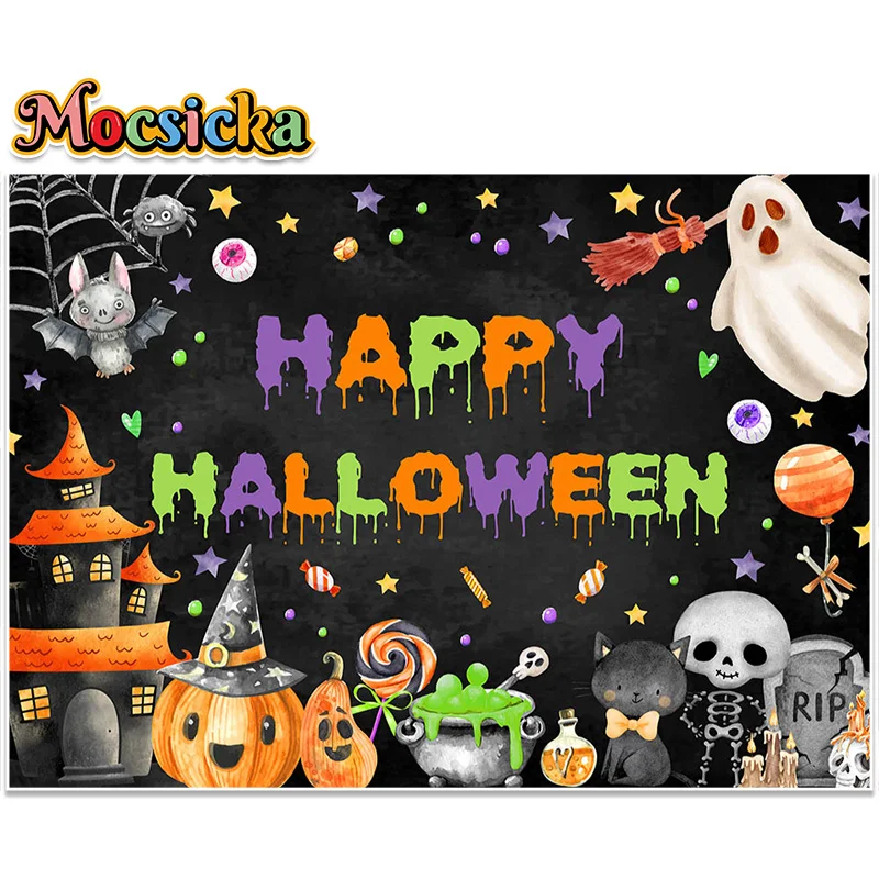 Happy Halloween Birthday Party Backdrop Pumpkin Magic Hat Ghost Photography Background Halloween Dressup Party Event Decor