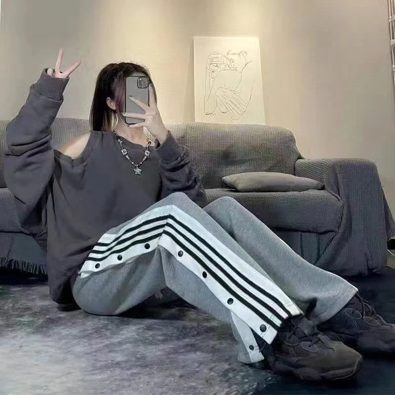 Women Casual Trousers Joggers Sweatpants Button Wide Leg Pants Women Stripe Hip Hop Sweat Pants Streetwear Female Vintage 2022
