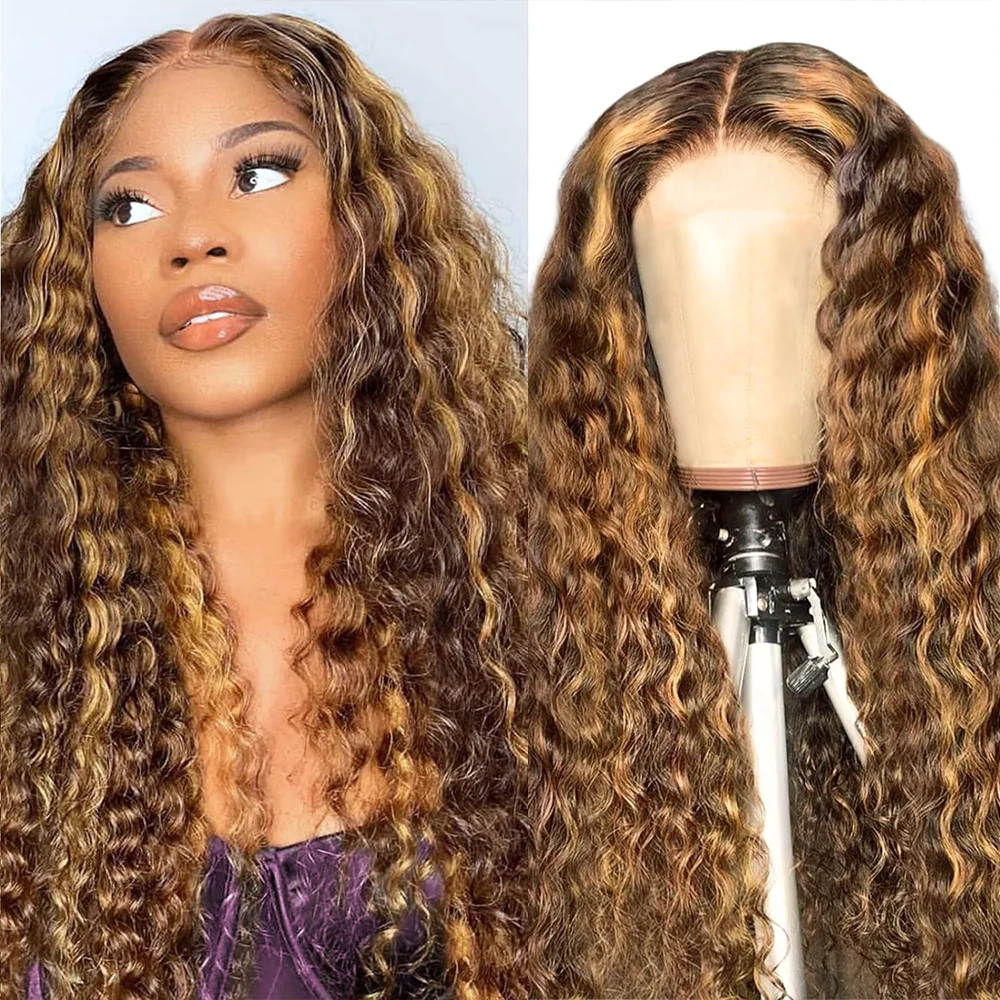 Peruki typu lace front z głęboką falą deep wave, 36 cali, 13x6, z pasemkami ombre, wykonane z ludzkich włosów, wstępnie wyskubane, kolor 4/27, peruki typu lace front 13x4 z falą water wave, kręcone.