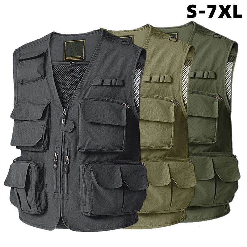 

Summer New Mesh Thin Multi-Pocket Tactical Vest Size 7XL Male Casual Sleeveless Jacket Zipper Pockets Reporter Photography Waist