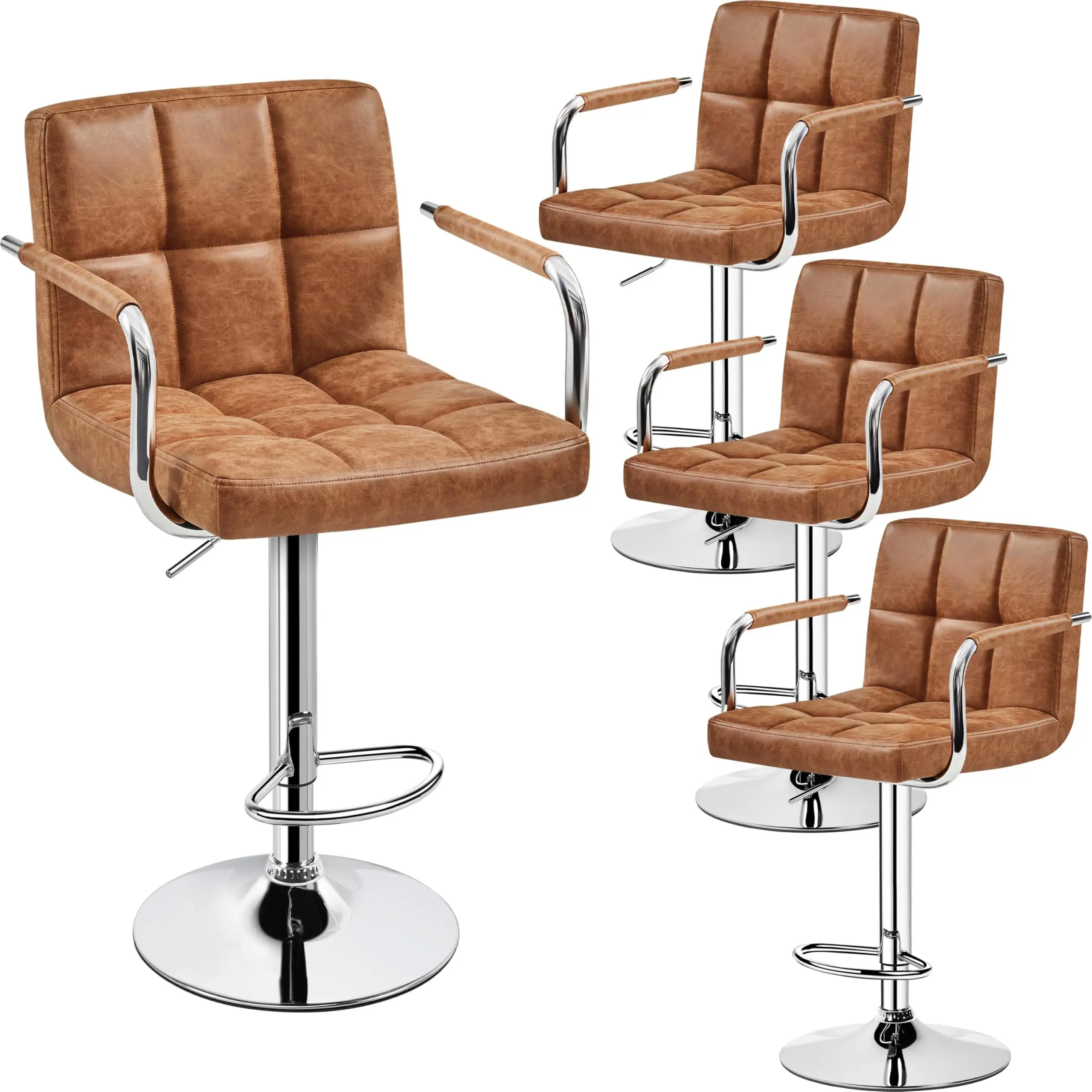 Bar Stools Set of 4 with Backs, Height Adjustable, Retro Brown | 360° Swivel Barstools Feature Padded PU Leather Seats