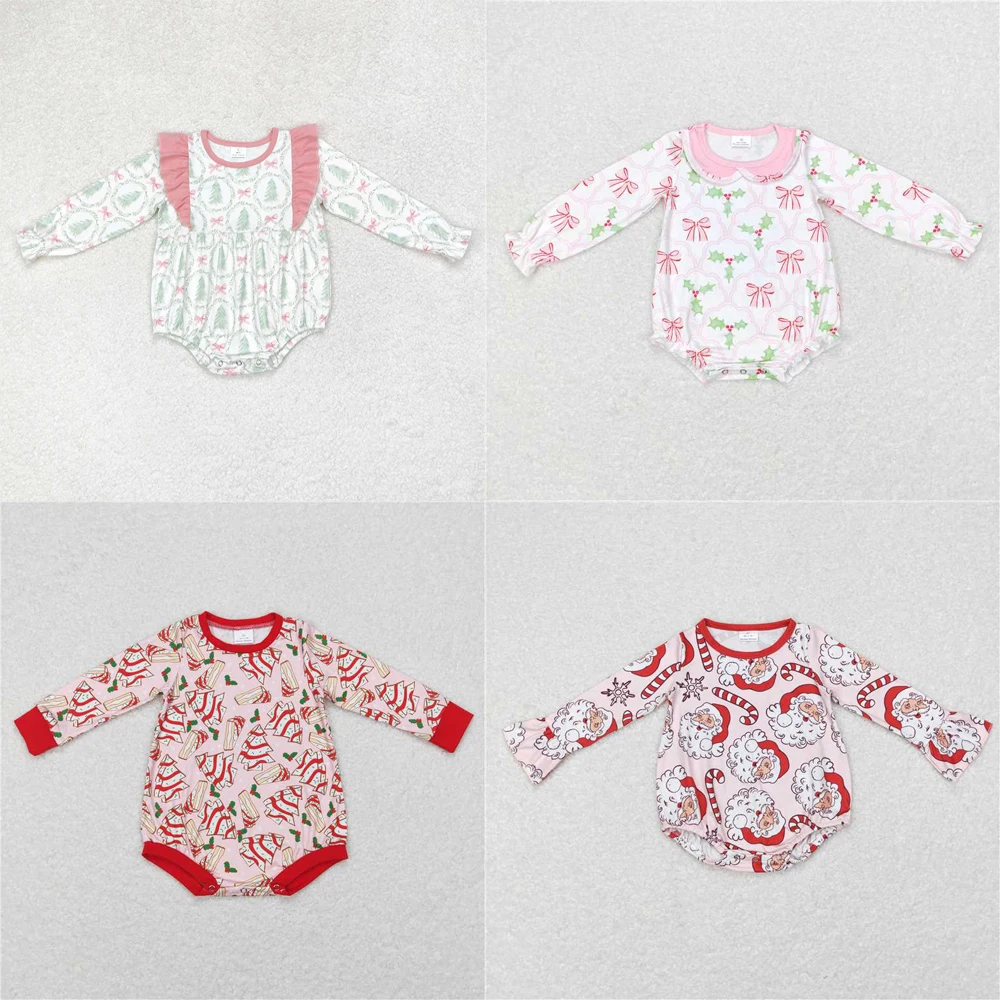 Wholesale hot sale western boutique newborn toddler Baby Girls Christmas tree bow pattern pink lace long-sleeved onesies