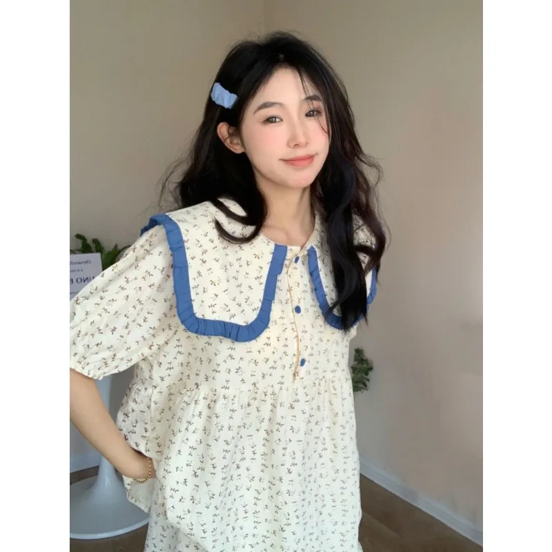 

Уличная корейская пижама с цветочным принтом Y2K для женщин, модная винтажная милая одежда для сна на пуговицах, женская летняя новая модная ночная рубашка