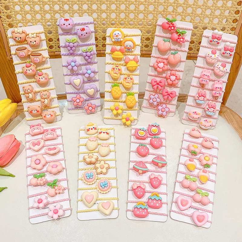 Tali rambut anak perempuan bayi bunga Korea, 10 Pcs/Set pita hati ceri kartun karet gelang rambut tali aksesoris rambut anak