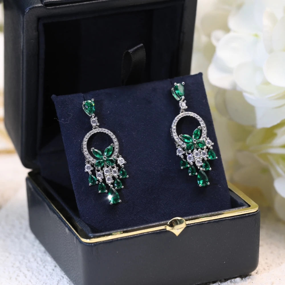 

Emerald Zircon Butterfly Ring Tassel Earrings Luxury Exquisite High-Quality Party Wedding Jewelry