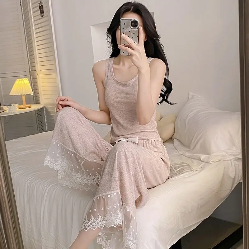 

Women's Cotton Pajama Summer Sexy Nightwear Tank Tops Sleepwear Sling Pijama Trousers Pyjamas Cute Negligee Casual Home Clothing