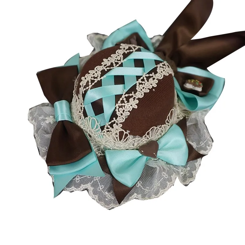수제 로리타 민트 초콜릿 작은 모자 귀여운 KC 우아한 헤드 피스 여성 레이스 보우 헤어 액세서리 달콤한 로리타 소녀 악세사리