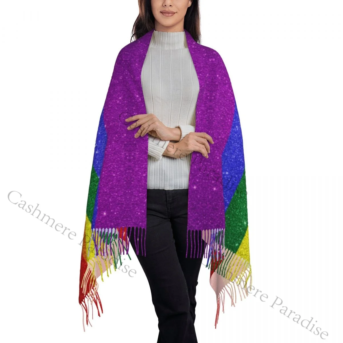 Glitter Rainbow Pride Flag Women's Pashmina Shawl Wraps Fringe Scarf Long Large Scarf