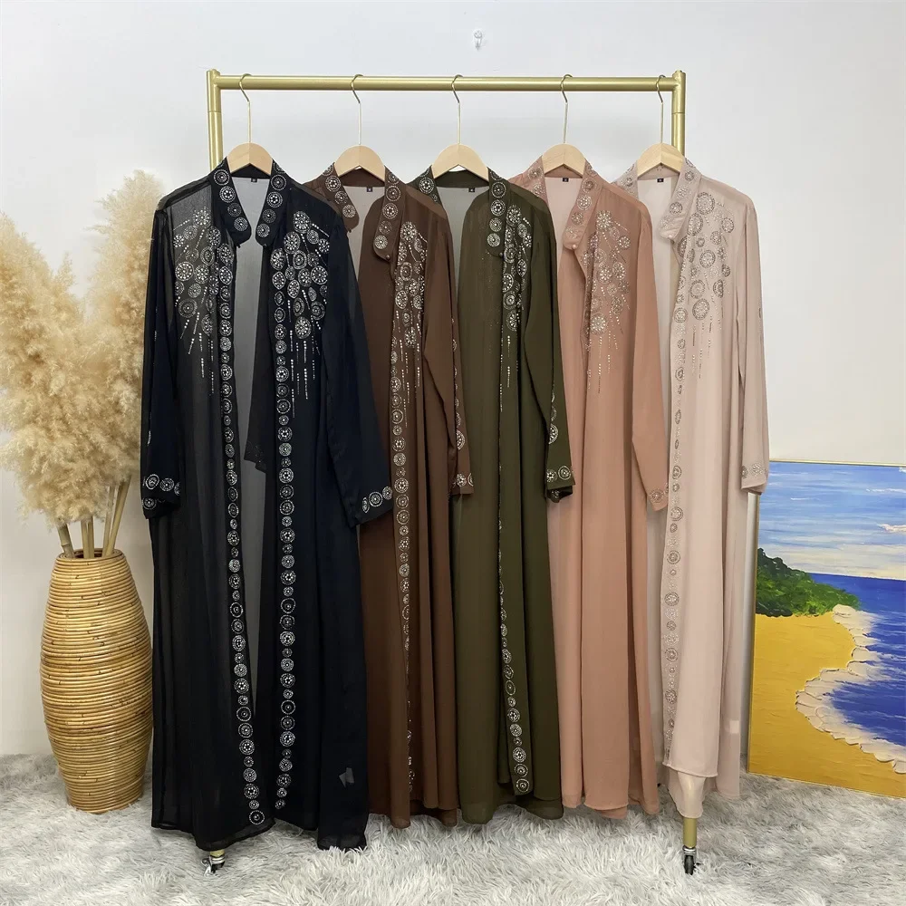 Luxury Diamonds Kimono Open Abayas for Women Muslim Dress Morocco Kaftan Dubai Turkey Party Gown Kebaya Islam Jalabiya Ramadan