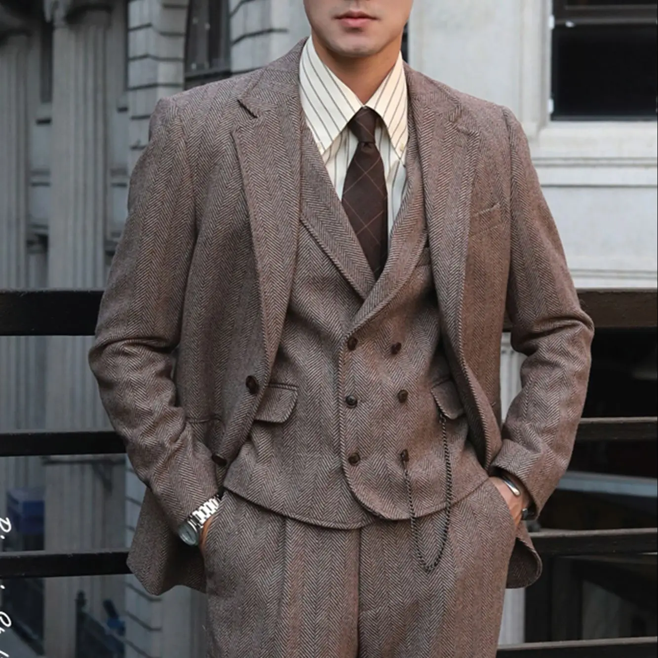 Tweed Herringbone 3 Pieces Herringbone Men\'s Business Suits Single Breasted Slim Fit Groom Formal Suits(Blazer+vest+Pants)