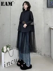 [EAM] Women Black Big Size Long Mesh Perspective Blouse New Lapel Long Sleeve Shirt Fashion Tide Spring Autumn 2024 1DH4545