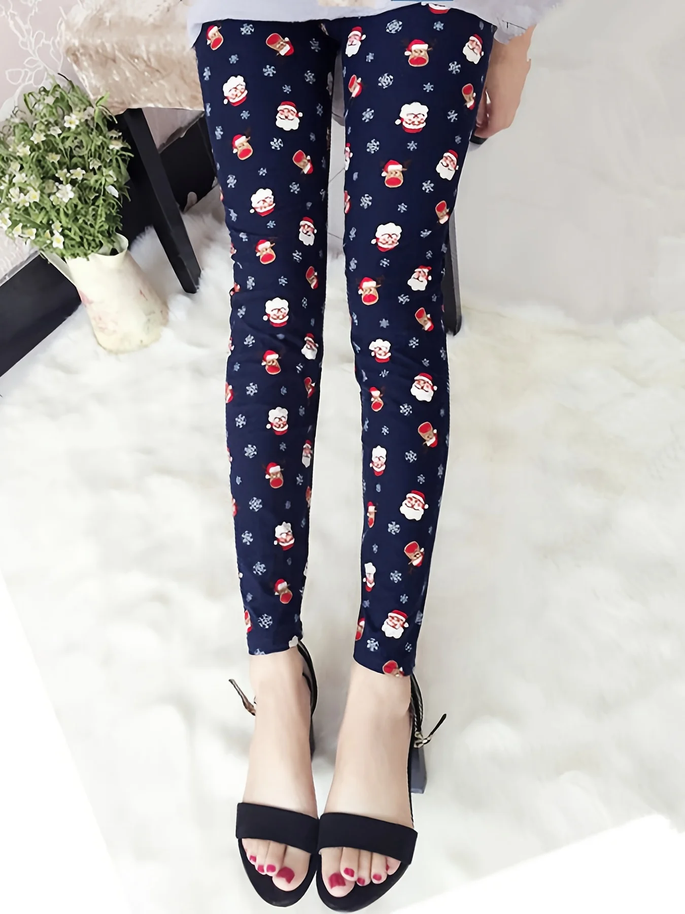 Women's Mid‑Rise Fleece Lined Leggings Christmas Santa Snowflake Print Stretch Warm Ladies Holiday Pants