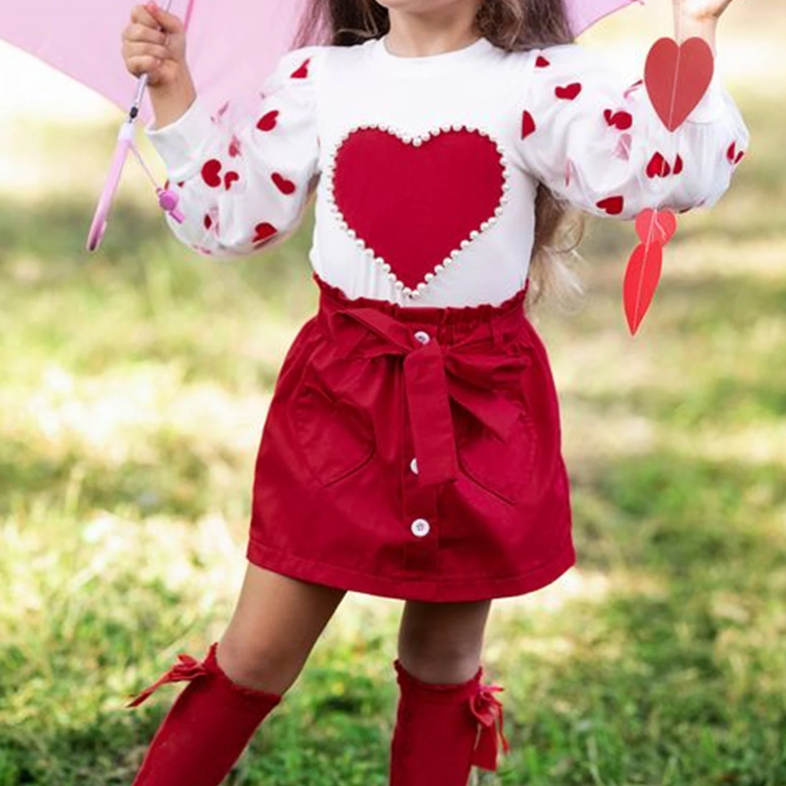 

0-4Y Kids Girls Valentine's Day Clothes Sets Puff Long Sleeve Heart Print Tops Short Skirts with Belt Spring Fall Gilrs Outfits