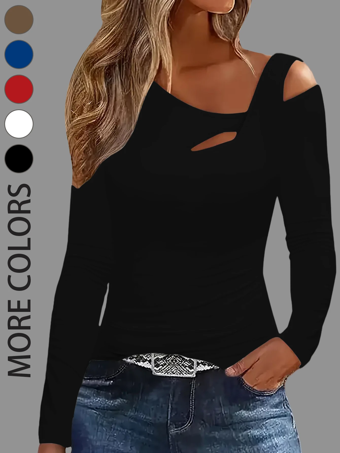

Элегантная женская футболка с открытыми плечами и длинными рукавами, однотонная, асимметричный дизайн, несколько вариантов цвета