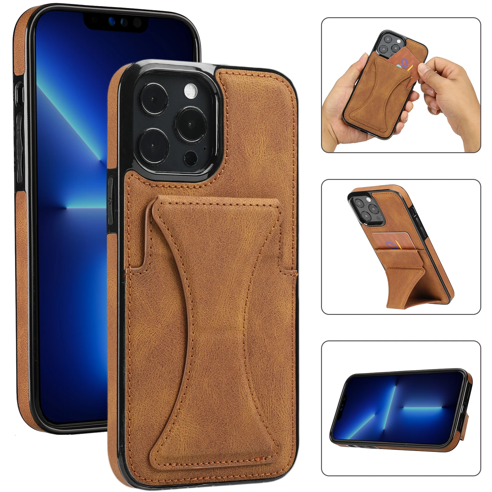 for iPhone 11 12 13 Pro Max Case Luxury Slim Fit Premium Leather Card Slots Shockproof Kickstand Cover for iPhone 13 Pro Max