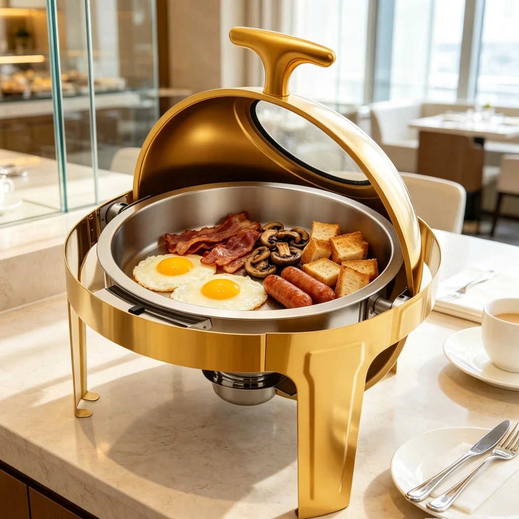 Chafing Dish Buffet Server Food Warmer, 201 SS Round Catering Equipment for Parties Weddings, Visible Glass Lid Keep Warm Hot Food Display, Commercial Grade Countertop Warmer with Fuel Holder