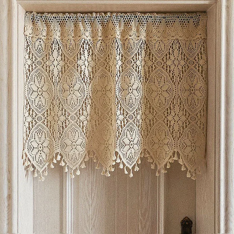 Vintage Crochet Lace Short Curtains For Kitchen LInen Tassel Hollow Half Curtains Manual Rhombus Cafe Curtain Cabinet Cover A054